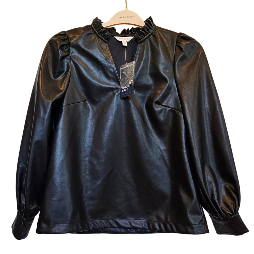 Crown & Ivy Womens Blouse XS Black Faux Leather Ruffle Neck‎ Long Sleeve